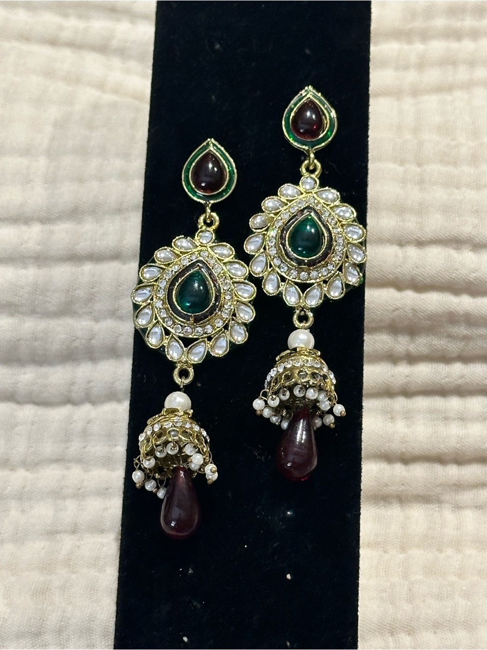 Gold-Tone Green & Maroon kundan Teardrop Jhumka Earrings